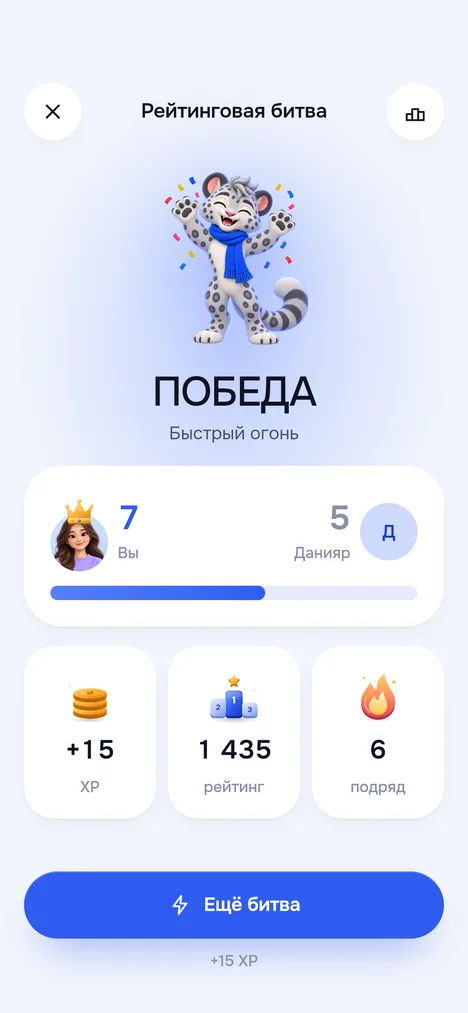 Итог битвы: Победа, счёт против соперника, XP, рейтинг, победы подряд и кнопка Ещё битва