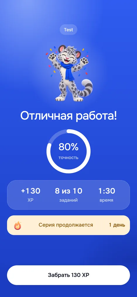 Экран Отличная работа: точность 80%, XP, задания и время, серия продолжается, кнопка Забрать XP