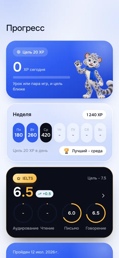 Вкладка Прогресс: XP сегодня и цель дня, неделя по дням, карточка IELTS